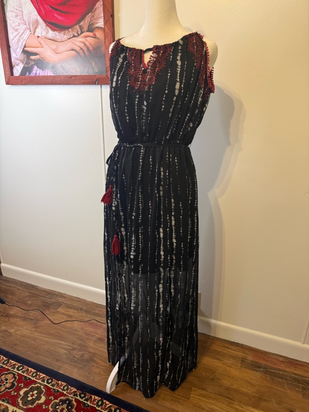 Knox Rose Women's Black Maxi Dress with Red Embroidered Accents